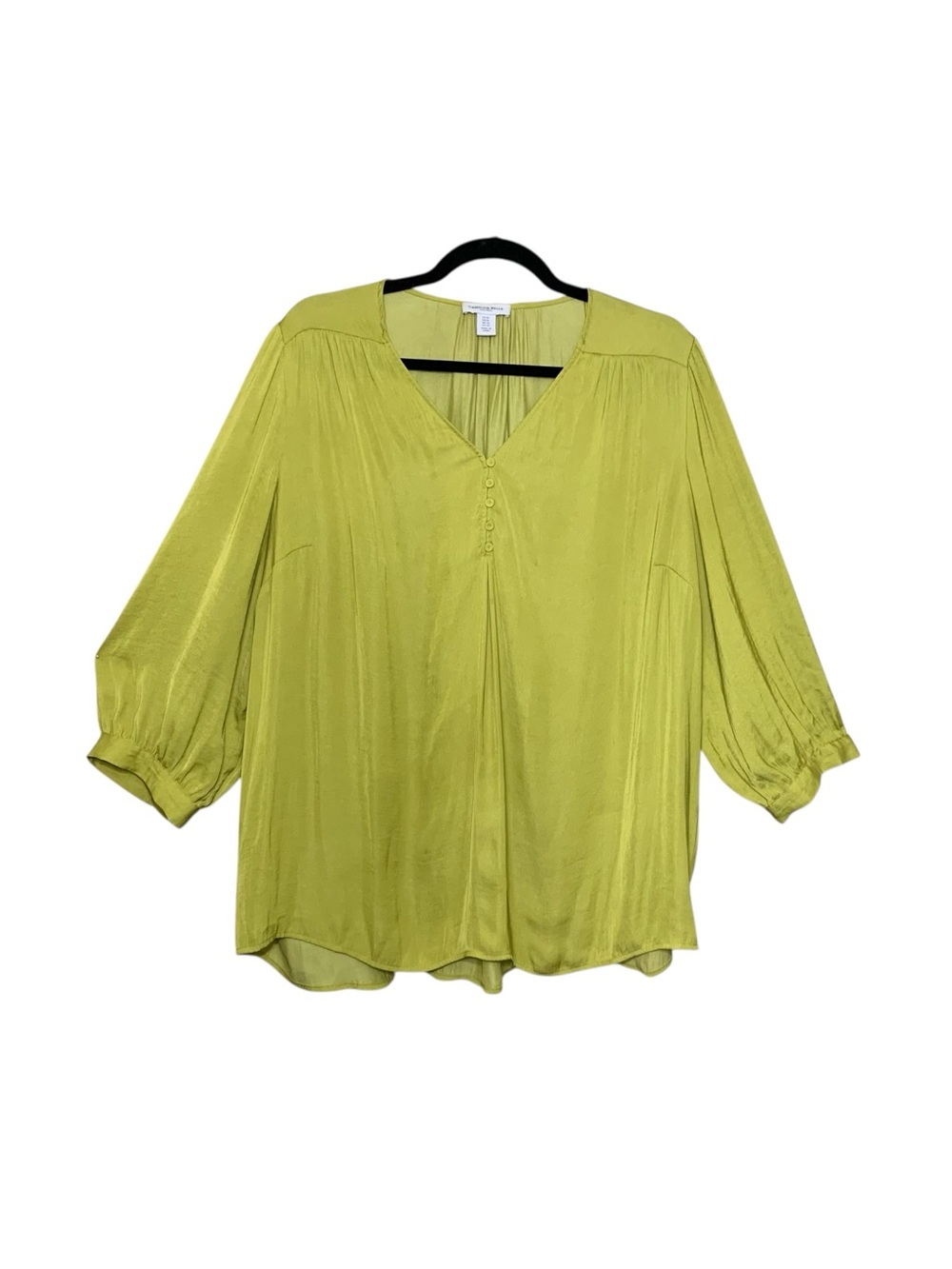 Carolina Belle Green Lime V-Neck Blouse Sz 1X Flowy Satiny 3/4 Sleeve Summer Top